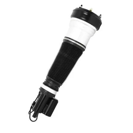 Silver metal front left electronic air strut assembly with black rubber bellows and electrical connector
