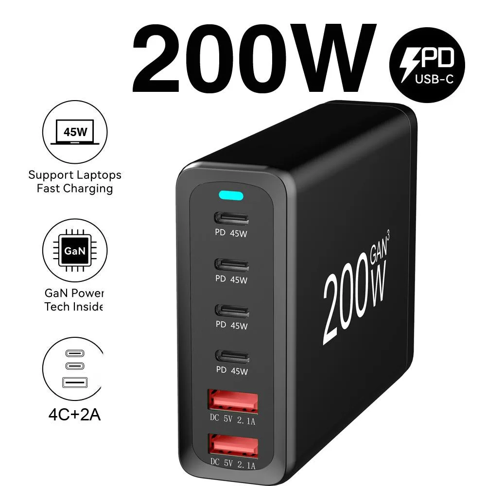LUOM LUOM GAN200W 200W 6-Port USB-C USB-A Desktop Charger Black — product photo