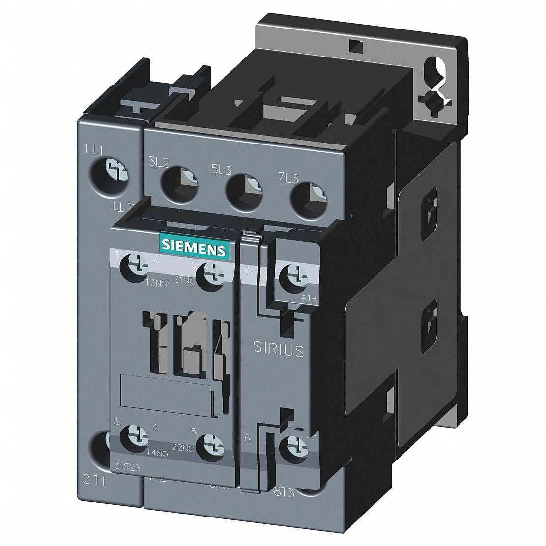 Grey rectangular IEC contactor with screw terminals and DIN rail mounting, 5.1 by 4.4 inches