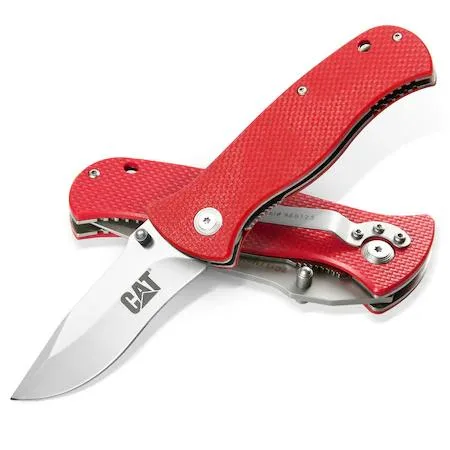 Red G10 handle folding knife with sandblasted steel blade and pocket clip