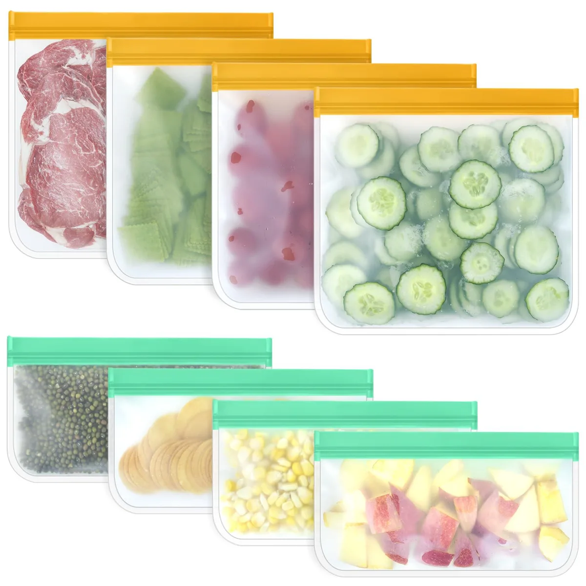 Eight clear reusable storage bags with zipper closures