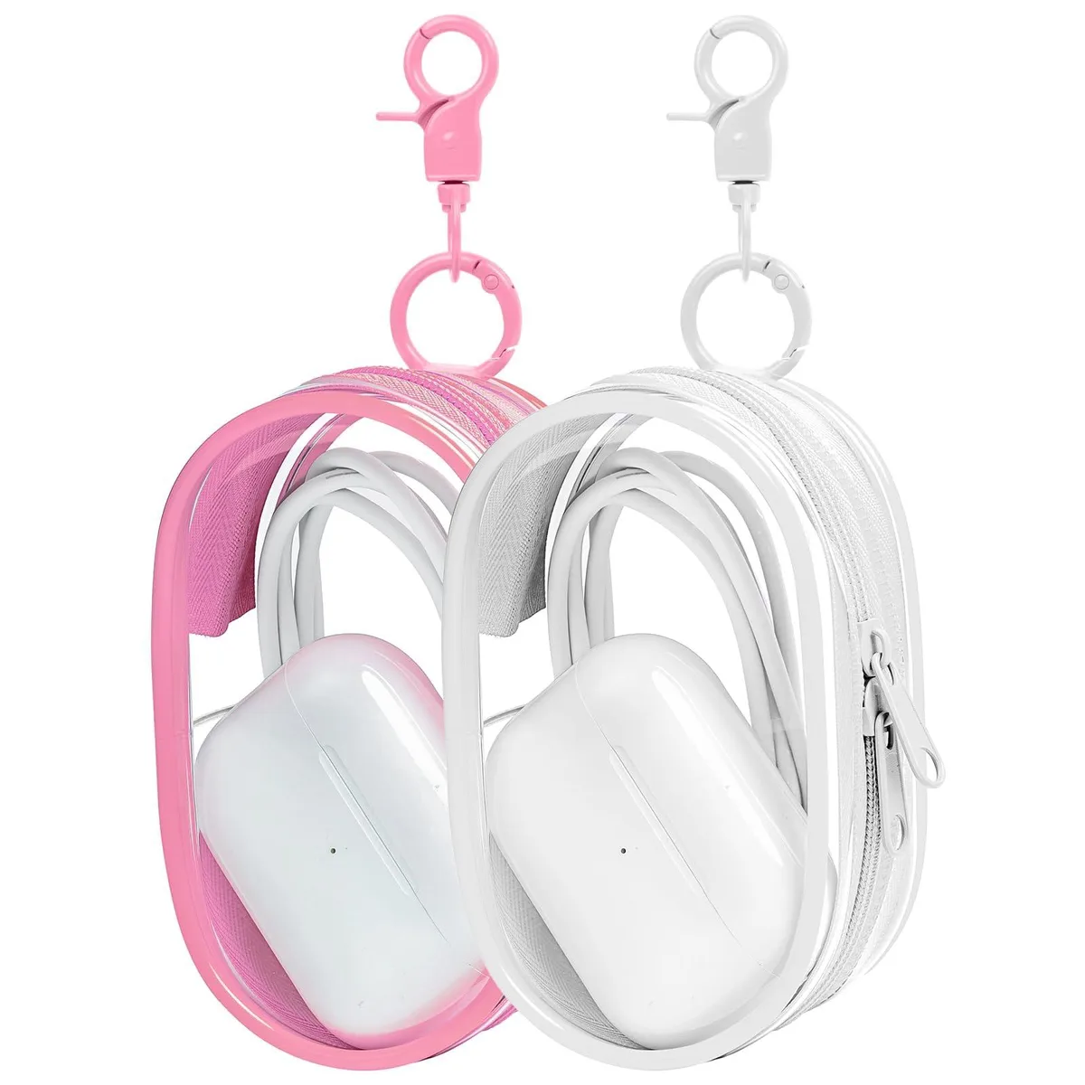 Two beige transparent PVC pouches with keychains, rectangular with rounded corners, shown flat