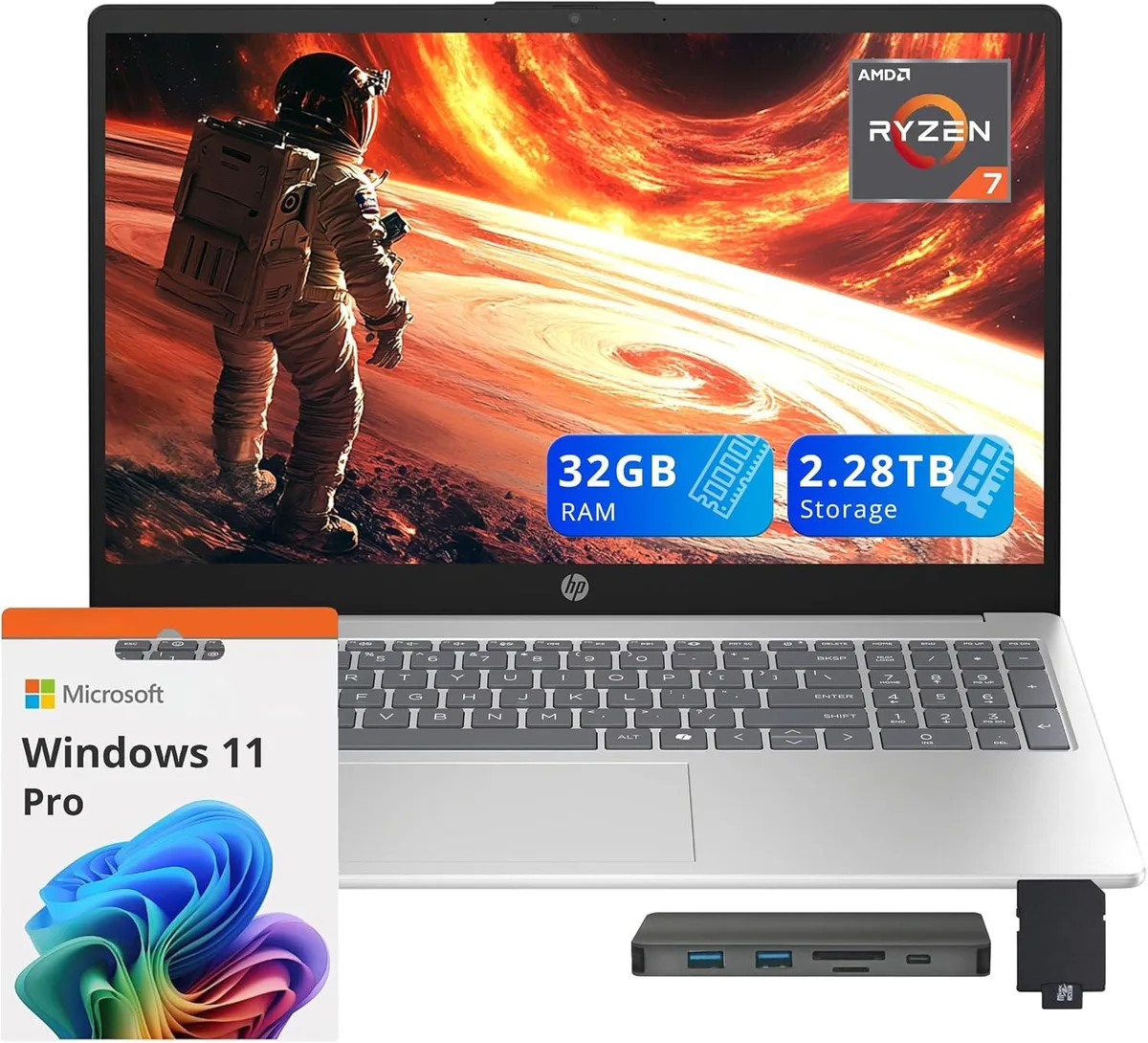 HP HP 15.6" FHD IPS Business Laptop, AMD Ryzen 7 5825U, 32GB DDR4, 2.28TB Storage (2TB SSD + 288GB Dock), Silver — product photo
