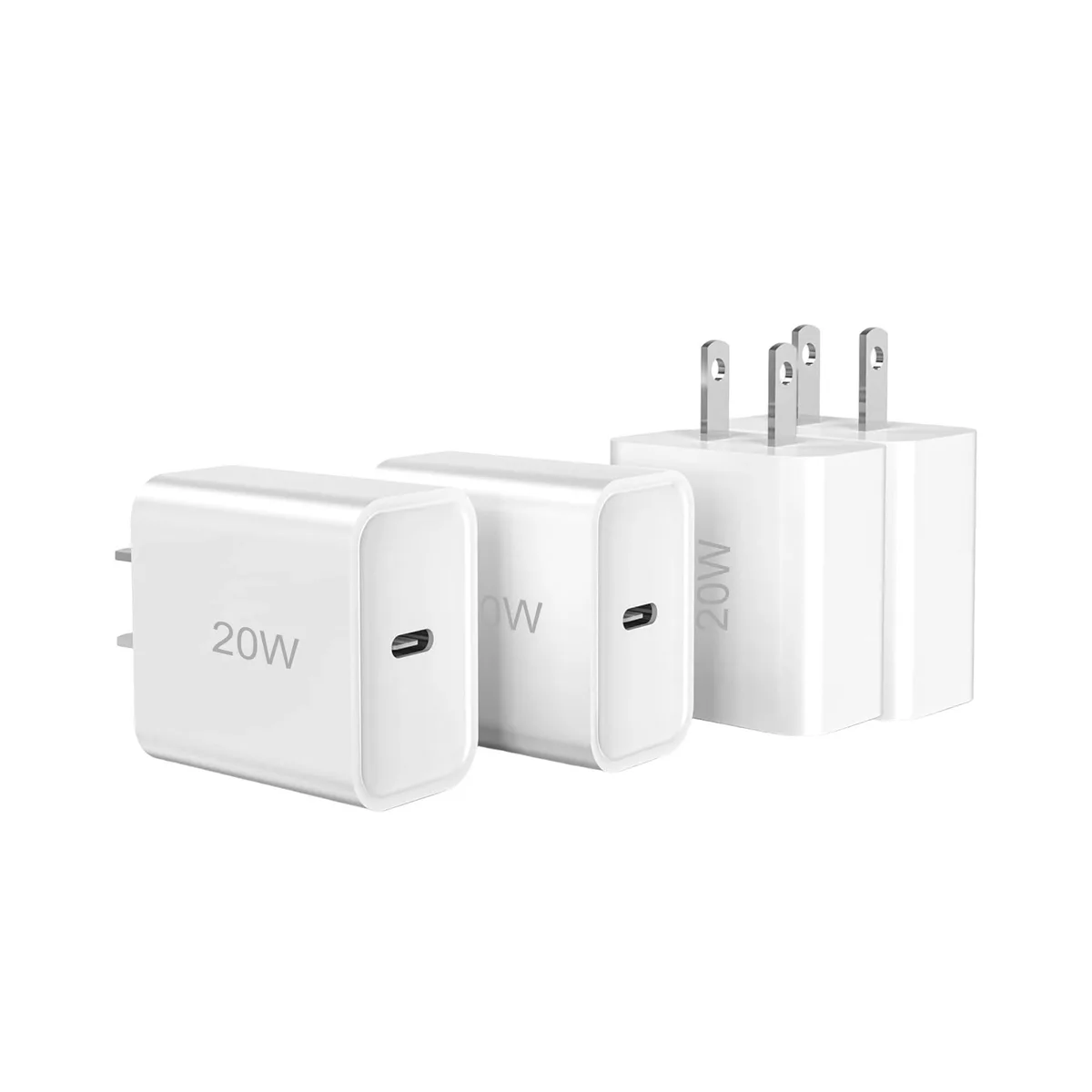 Four white USB-C wall chargers on a surface