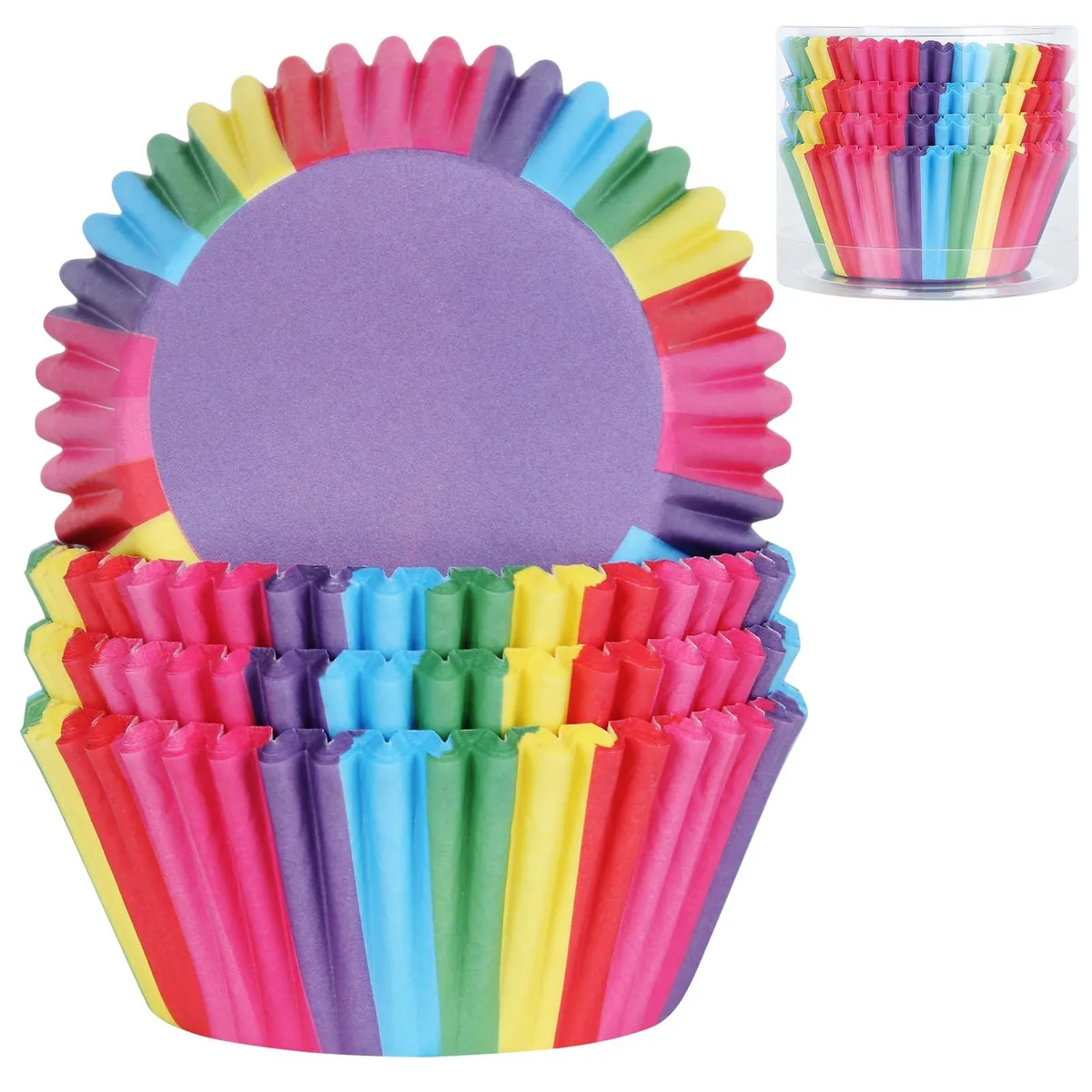 100 rainbow greaseproof paper cupcake liners in clear PVC cylinder