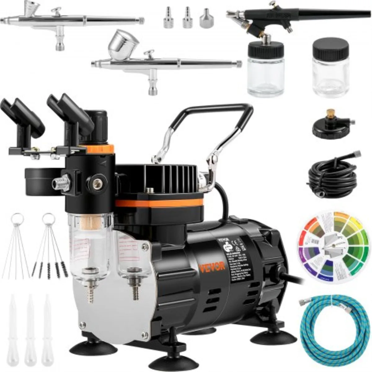 Compact airbrush compressor with three gravity-feed guns in silver finish