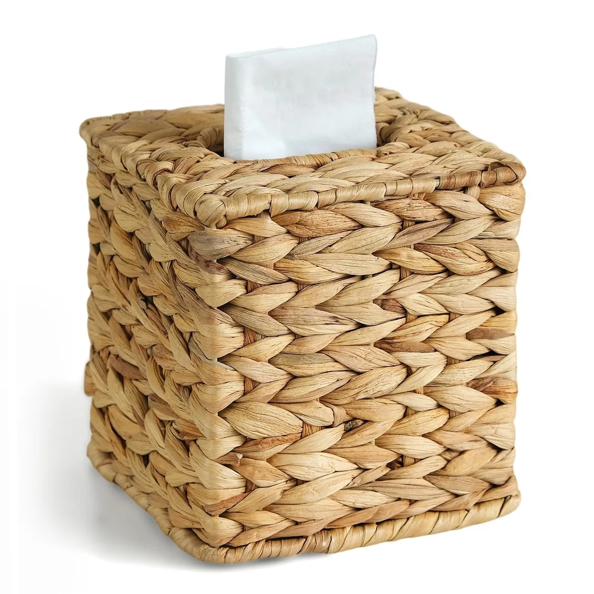Square handwoven water hyacinth tissue box cover in natural finish