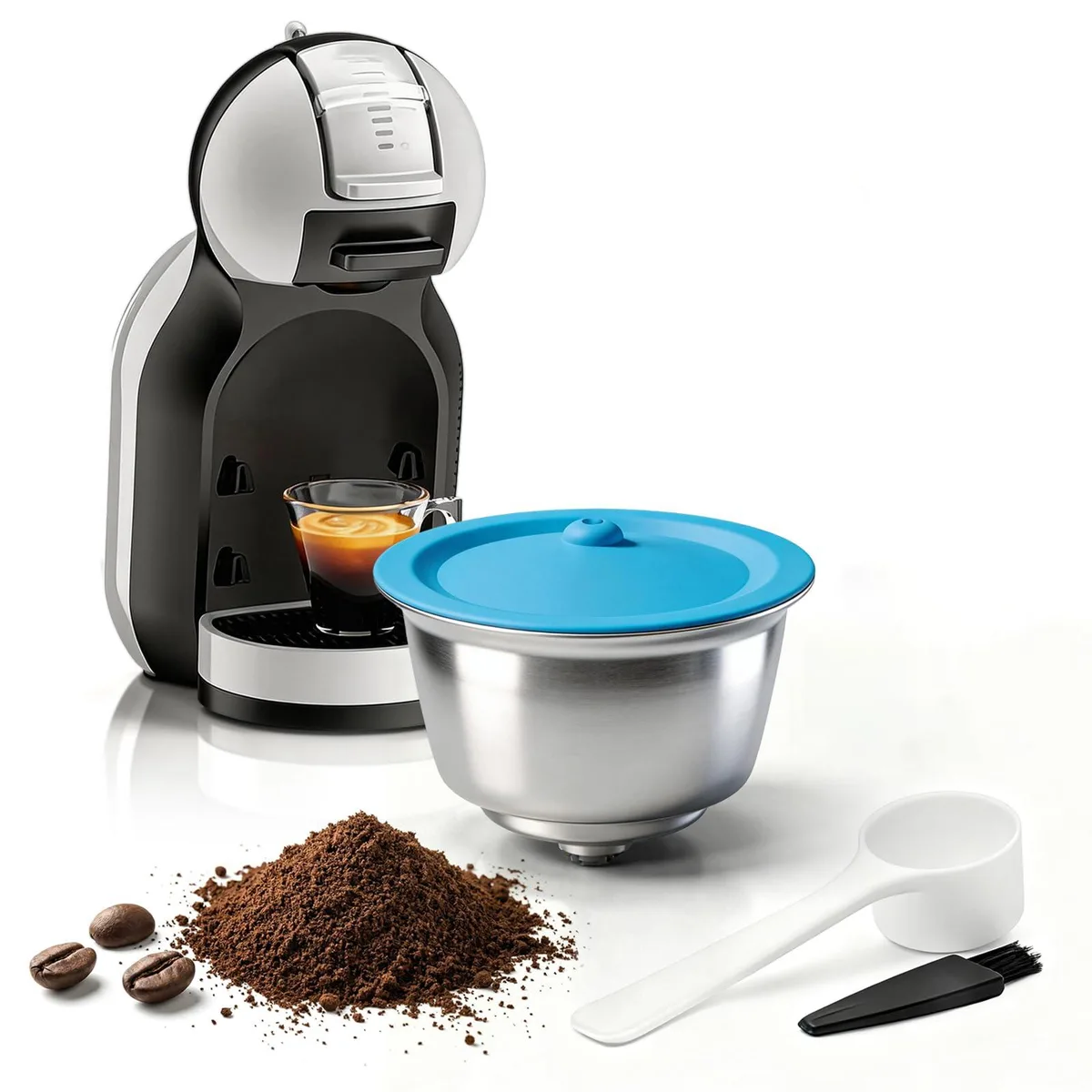 FOVNOT Reusable Stainless Steel Coffee Capsule Dolce Gusto Silver Blue 53x37mm — product photo