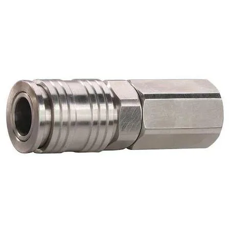 Small cylindrical stainless steel coupler with female NPT threads