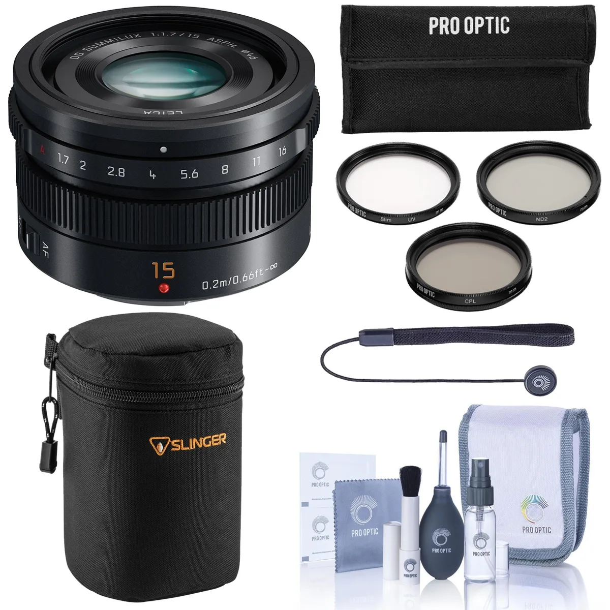 Panasonic Panasonic Lumix G Leica DG Summilux 15mm f/1.7 Asph Lens 46mm Filter Kit Case Cleaning Wrap Software — product photo