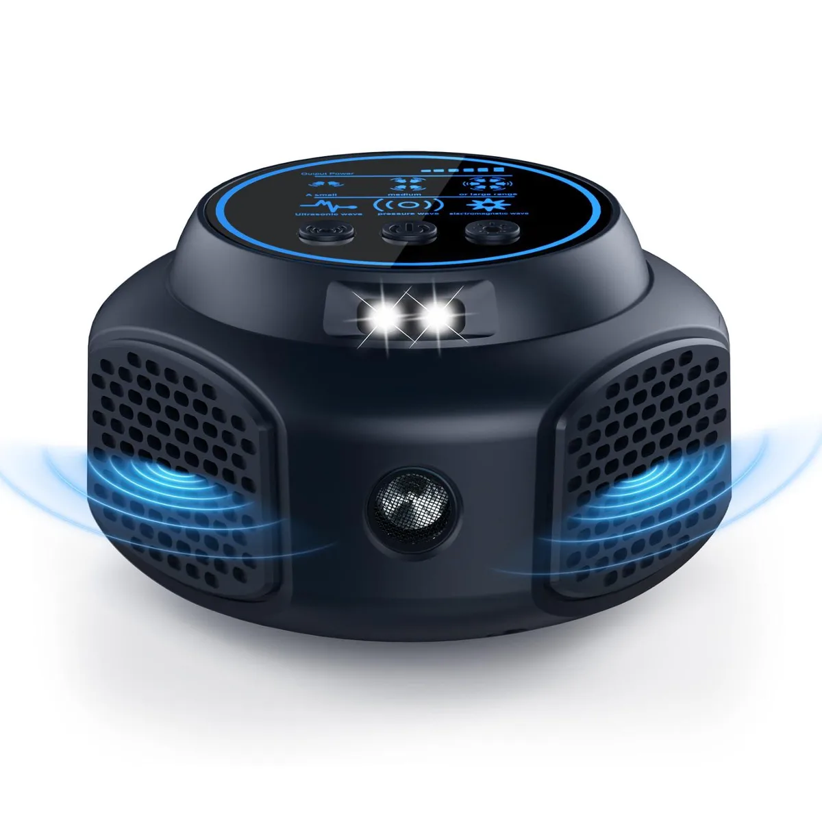 White rectangular plug-in pest repeller with front speaker grille and mode button