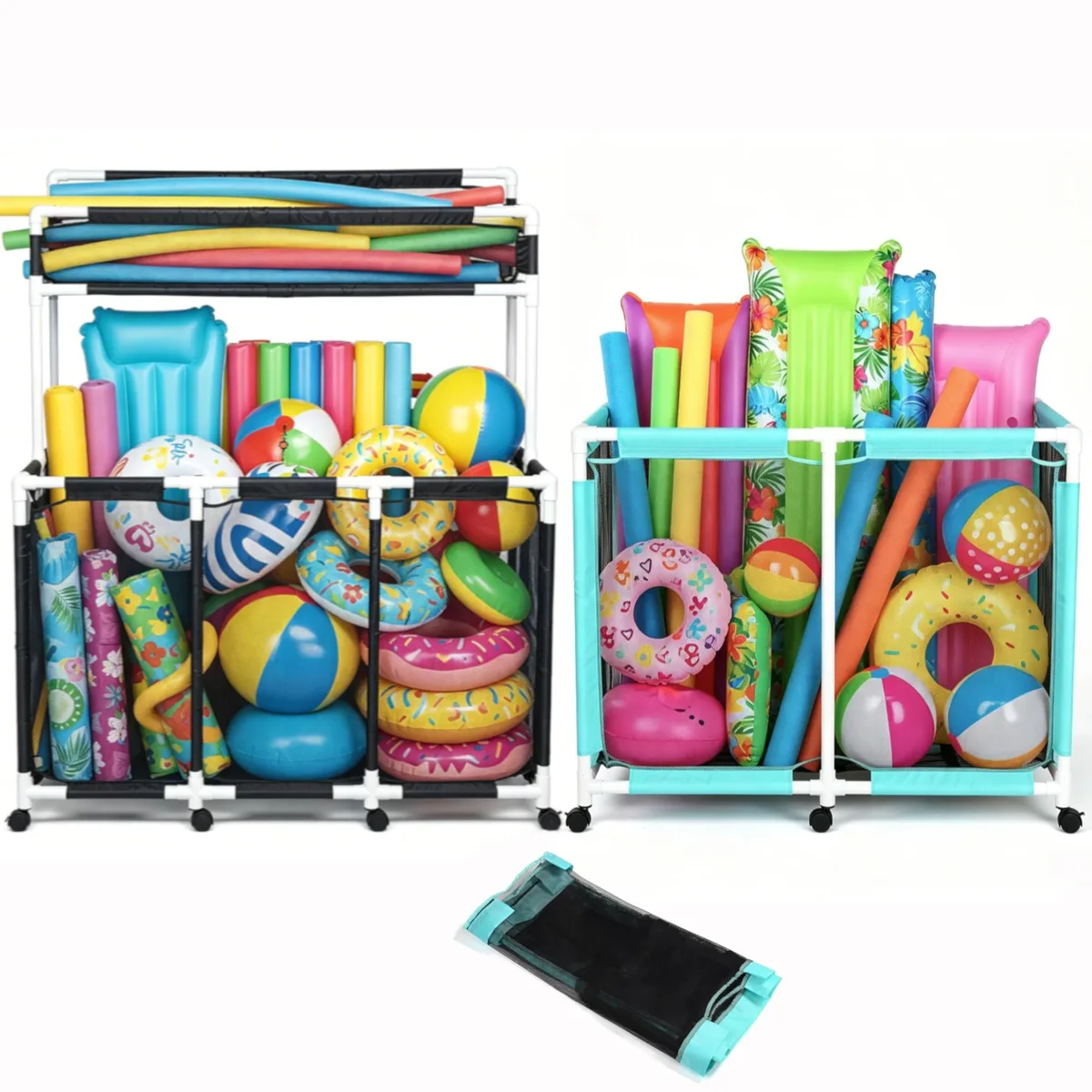 Two-tier blue mesh pool storage bin on wheels with single-tier cart and spare cover