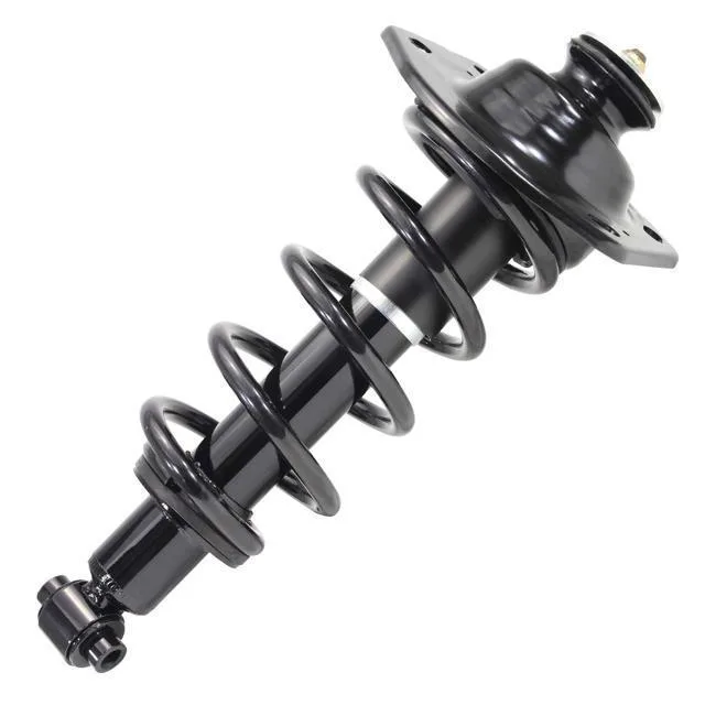 Silver metal rear left strut assembly with coiled spring and top mount visible