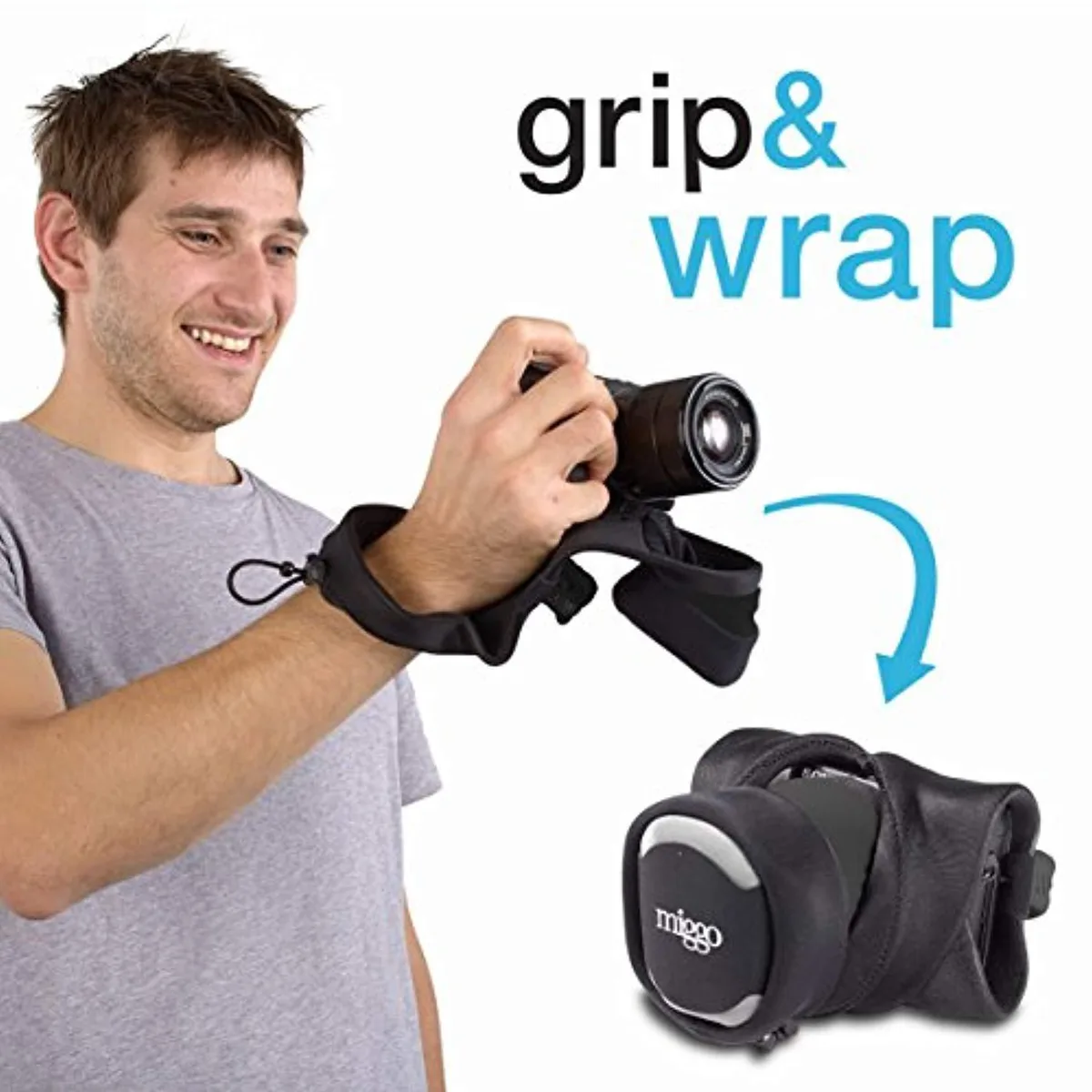 Black neoprene and Lycra camera grip that wraps into a padded case, nickel-coated steel screw attached