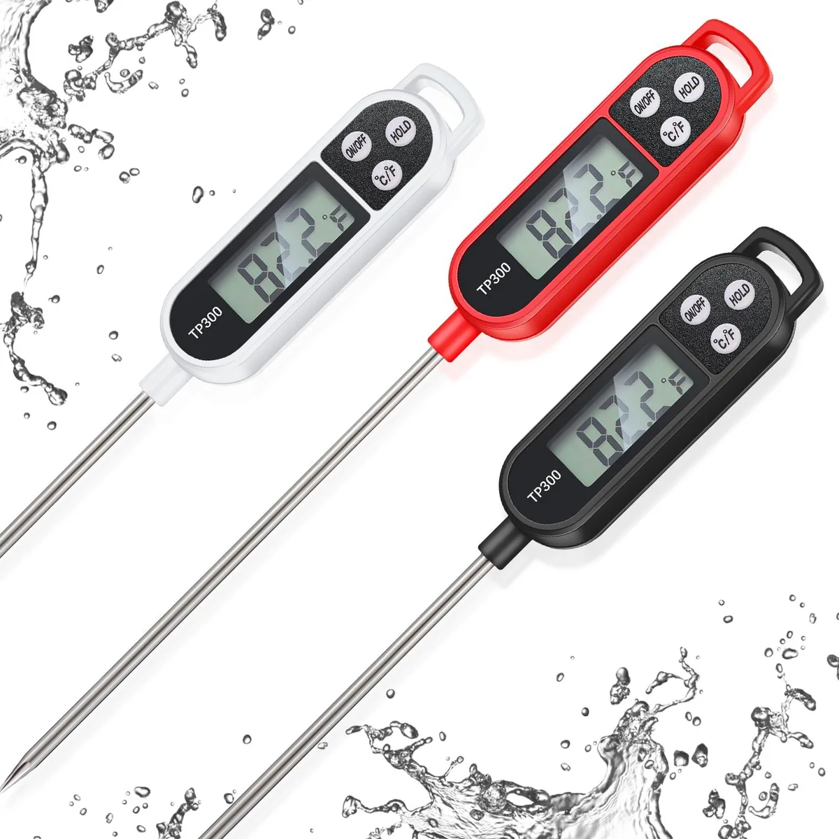 Three stick thermometers with long probes in black white red