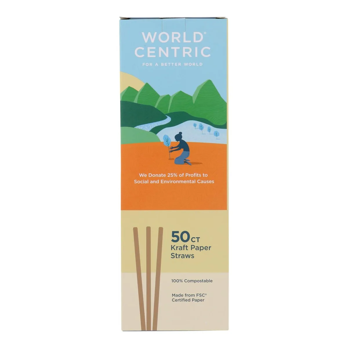 Cardboard case containing twenty four packs of fifty compostable kraft paper straws each