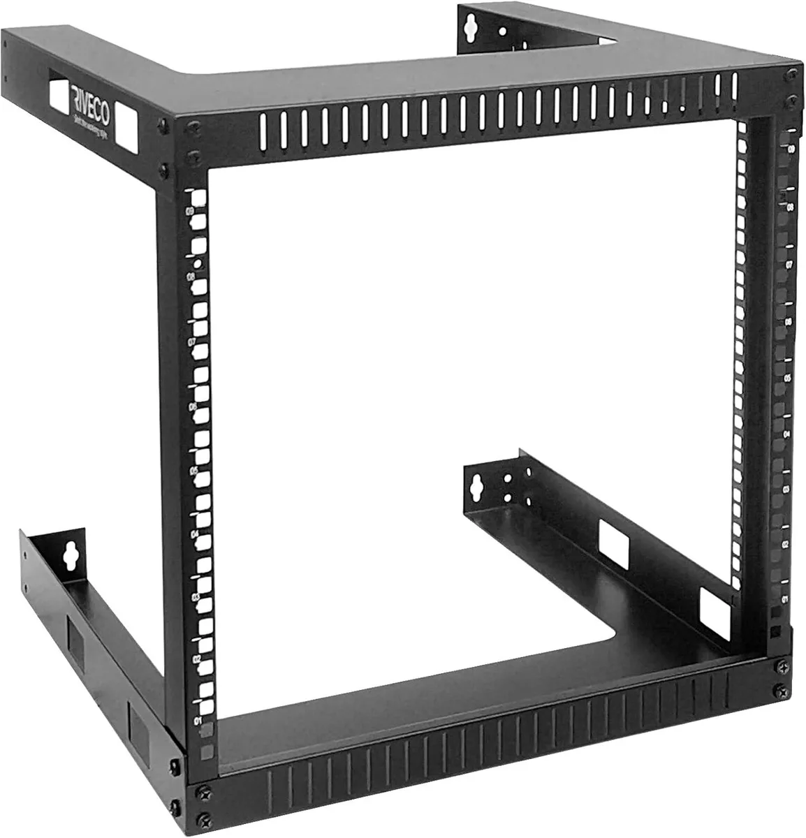 Black open-frame 9U wall-mount rack, 19.7 by 17.7 inches, matte powder-coat finish