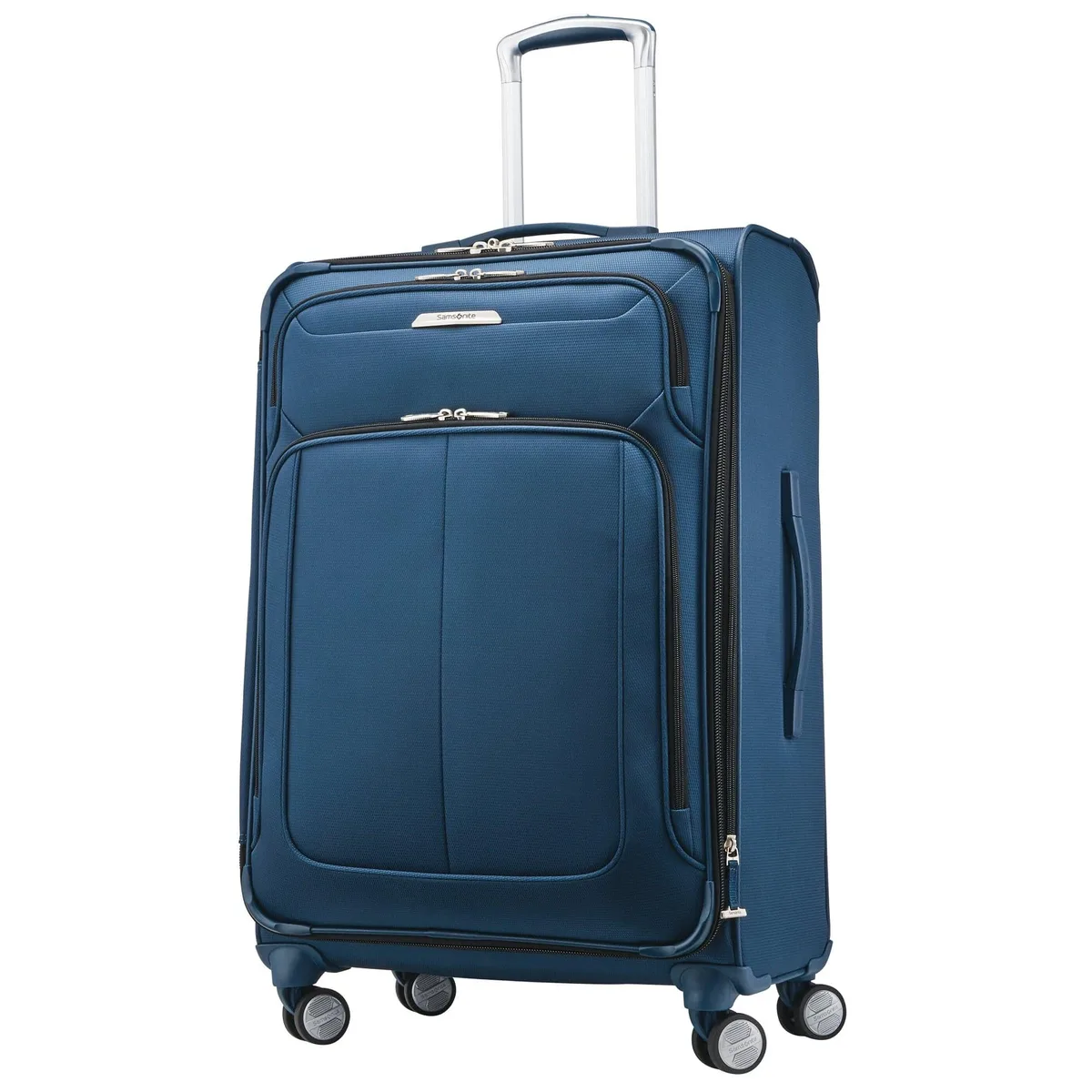 Large expandable spinner suitcase in Mediterranean Blue, rugged polyester weave, 360-degree dual wheels, .75 expansion