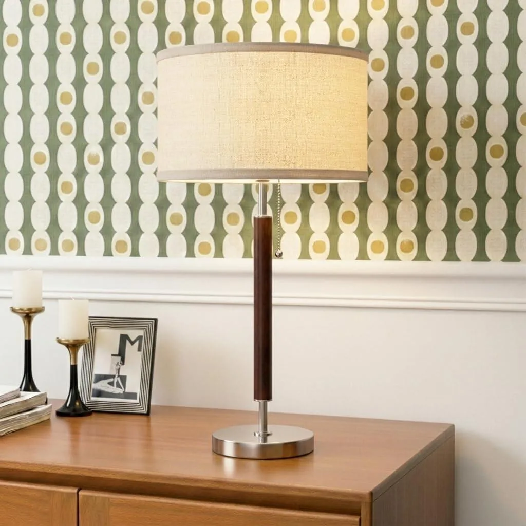 Compact wooden drum table lamp, natural finish, pull-chain switch
