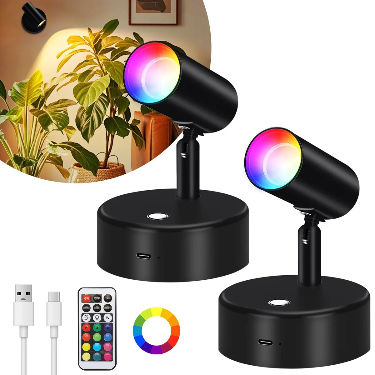Two white acrylic LED spotlights with remote control, surface-mounted, 6 by 6.25 by 4.75 inches