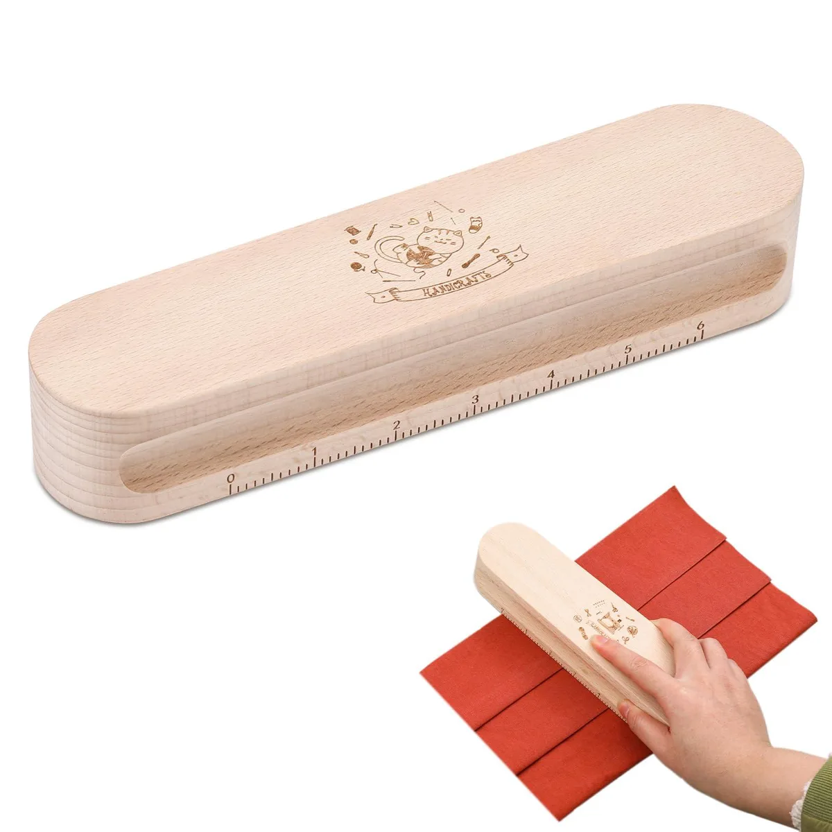 Wooden tailors clapper with cute cat pattern, 9.37in long, 1.5in thick, side grooves for grip