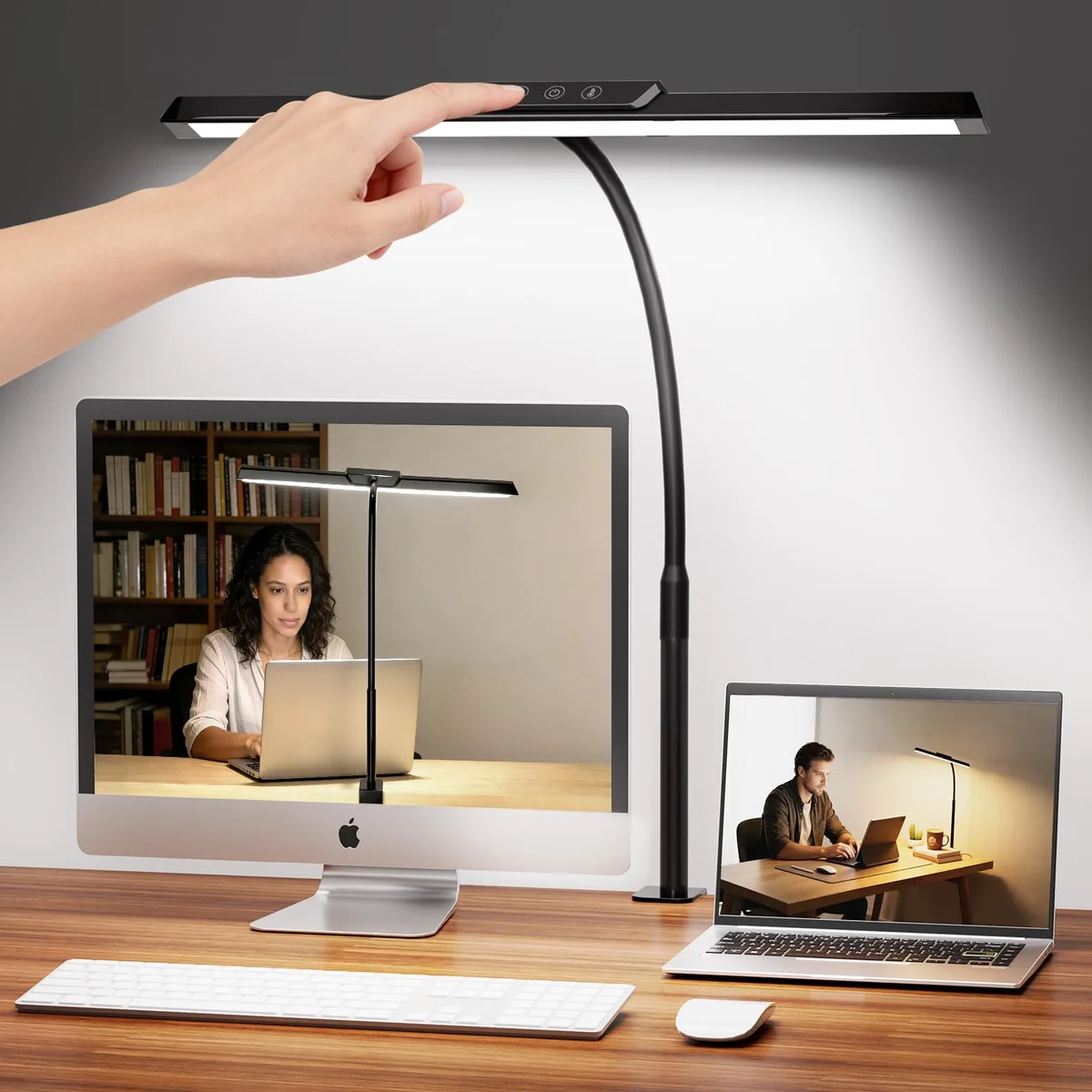 Black rectangular aluminium desk lamp with clamp, 17 inch light bar and 12.8 inch flexible gooseneck