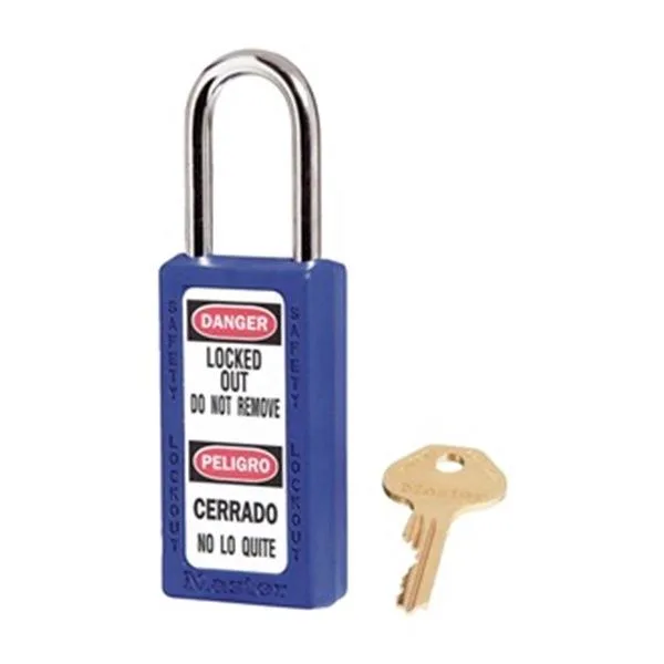 Twelve blue thermoplastic safety padlocks with hardened steel shackles and danger labels