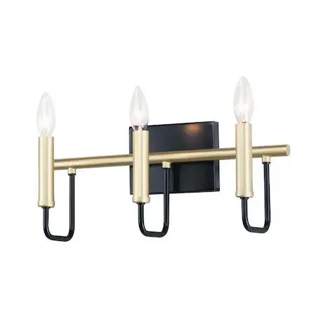 Three-light vanity fixture in black and soft gold finish