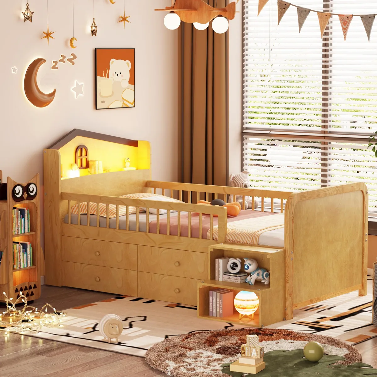 Low wooden twin loft bed, house-shaped headboard, natural pine finish, built-in LED strip, four storage drawers, two-step ladder