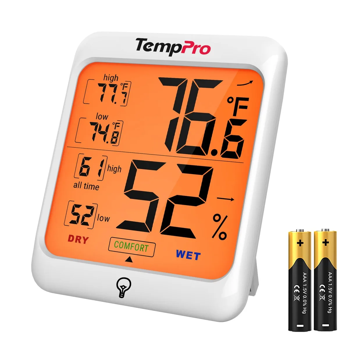 Orange rectangular thermometer with clear display and narrow bezel, 90g
