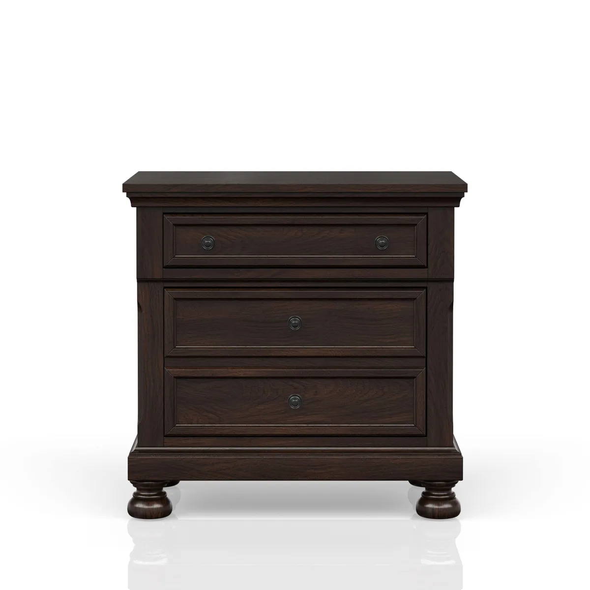 Dark cherry nightstand with two drawers, solid wood and MDF construction