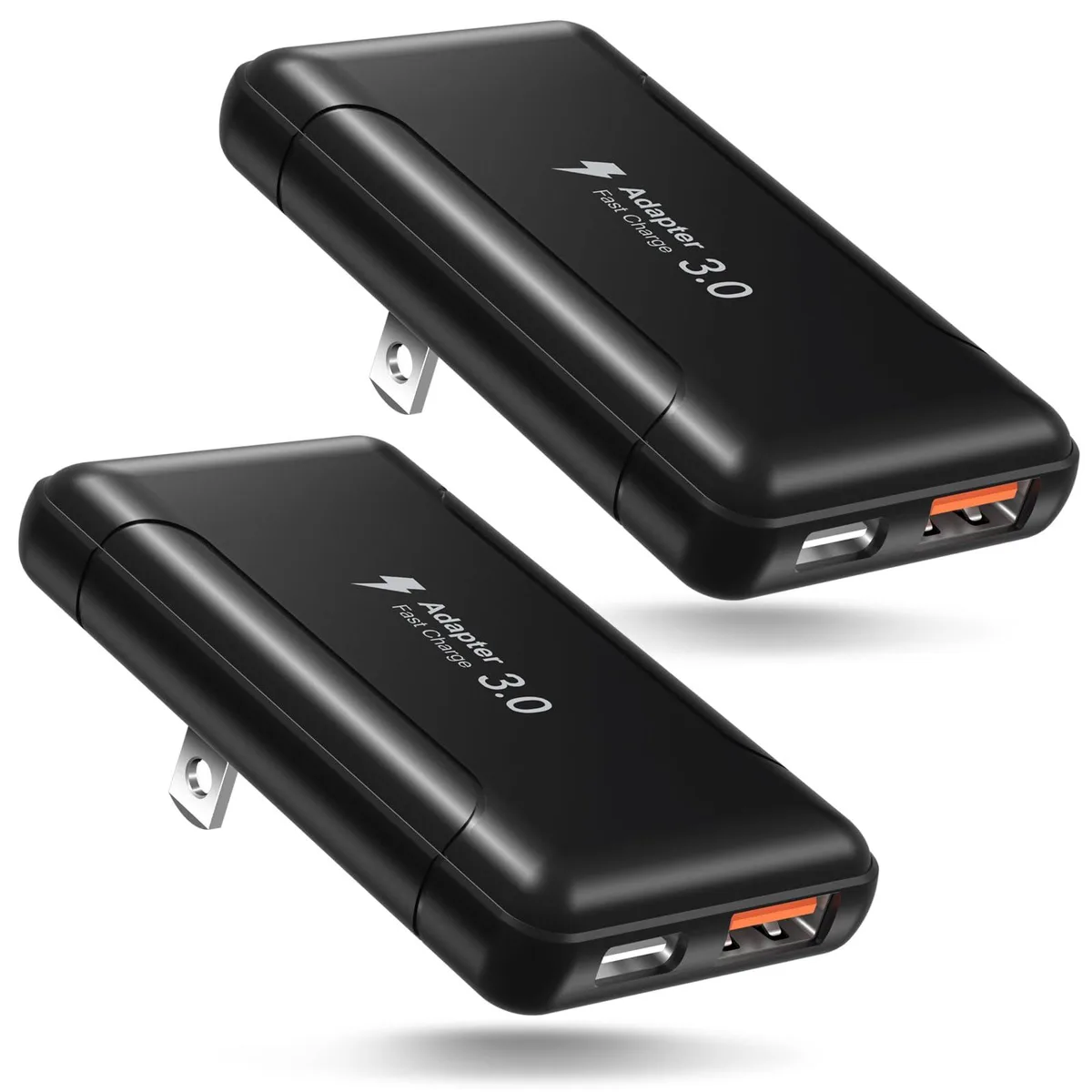 Two flat black USB-C wall chargers with foldable plugs, each .6 inch thick