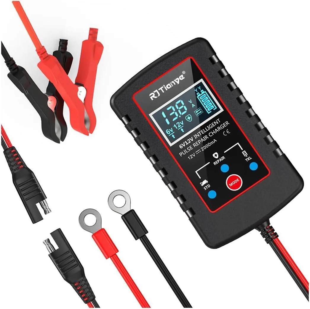 Compact rectangular charger in matte black plastic with LCD screen and SAE cable attached