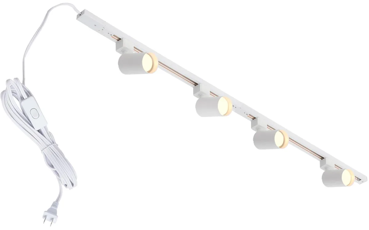 White metal four-light track kit with two 15-inch rails, adjustable heads and 13-foot cord