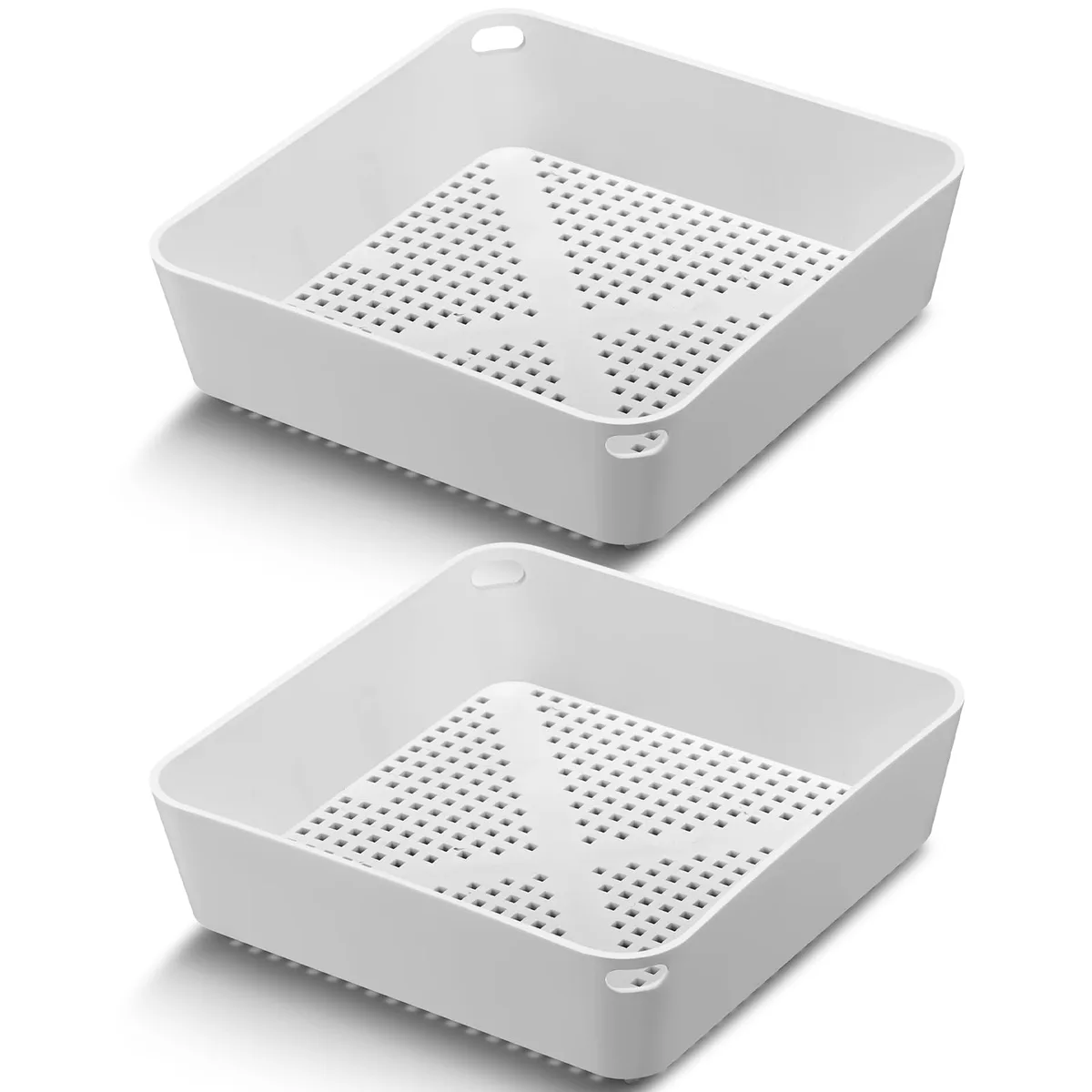 Two square plastic floor drain covers 8.5 by 8.5 by 2.5 inches