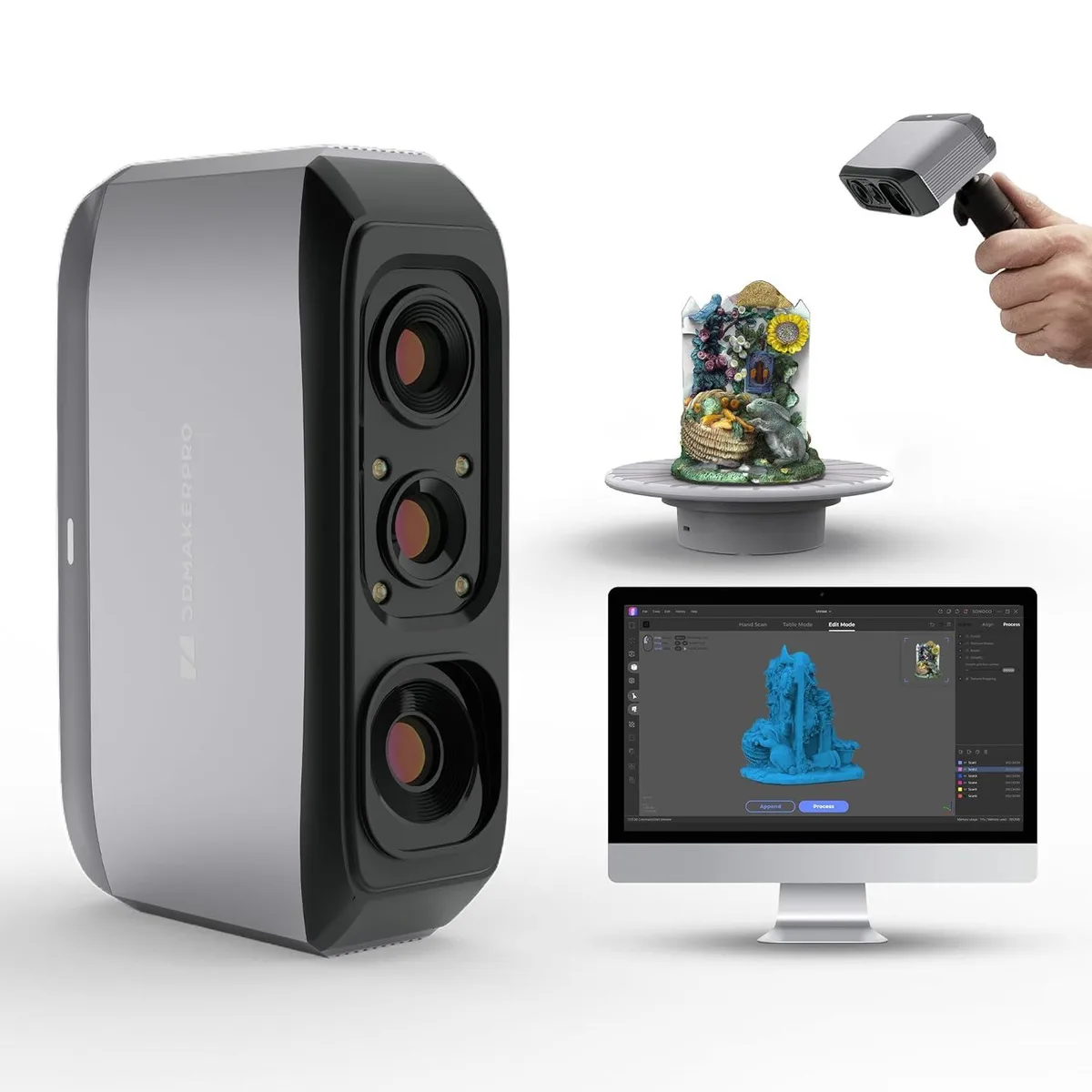 Handheld plastic 3D scanner, light grey finish, compact grip, single front lens module