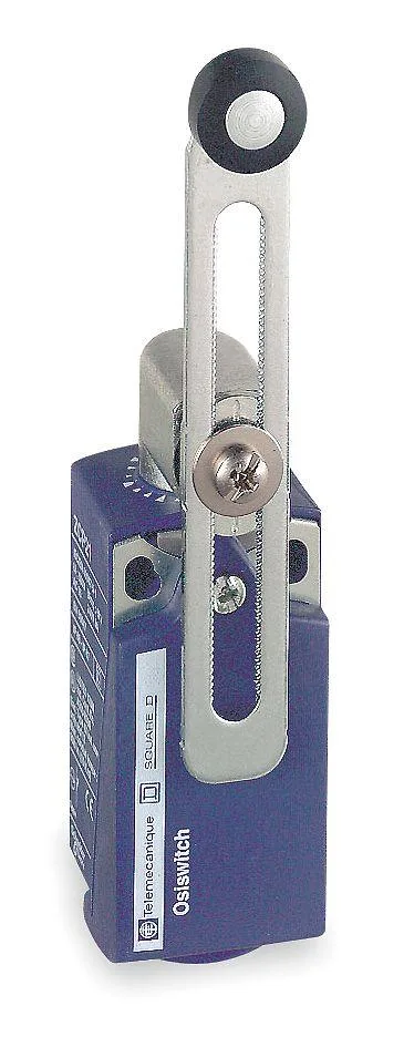 Compact limit switch with adjustable roller lever actuator, grey plastic housing, side-mounted rotary arm