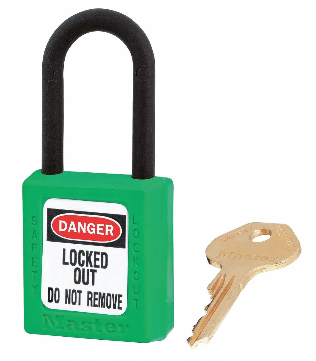 Twelve green thermoplastic padlocks with plastic shackles in a pack