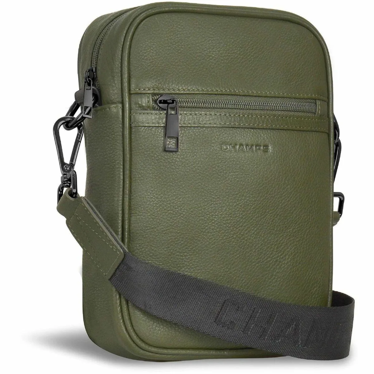 Khaki leather carrying case with shoulder strap