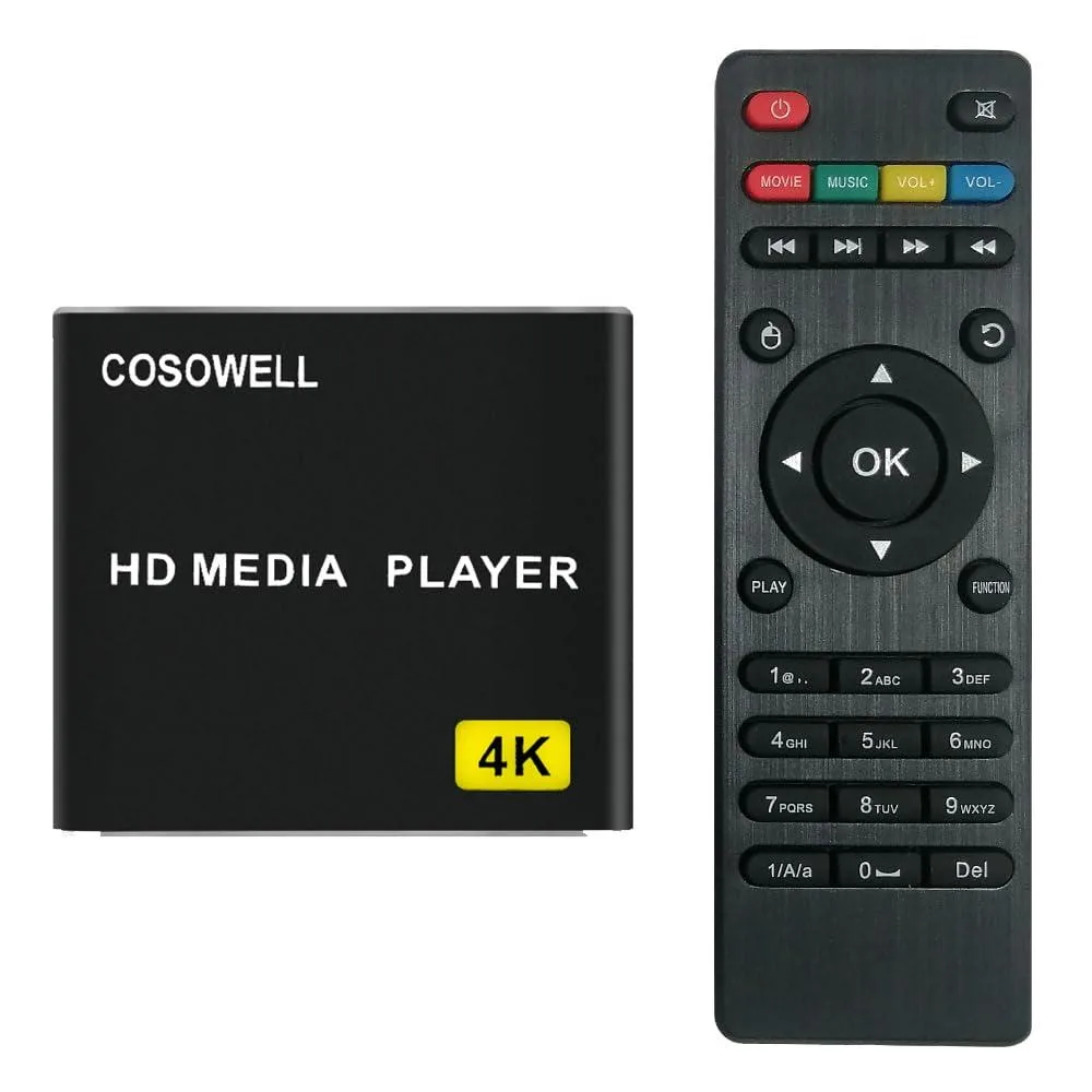 Compact black rectangular media player with HDMI and AV ports, USB and SD slots, infrared receiver, and included remote control