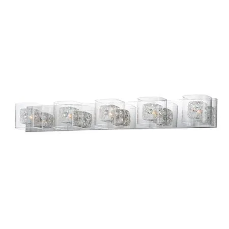 Polished chrome vanity light with five crystal cubes, 39 inches wide
