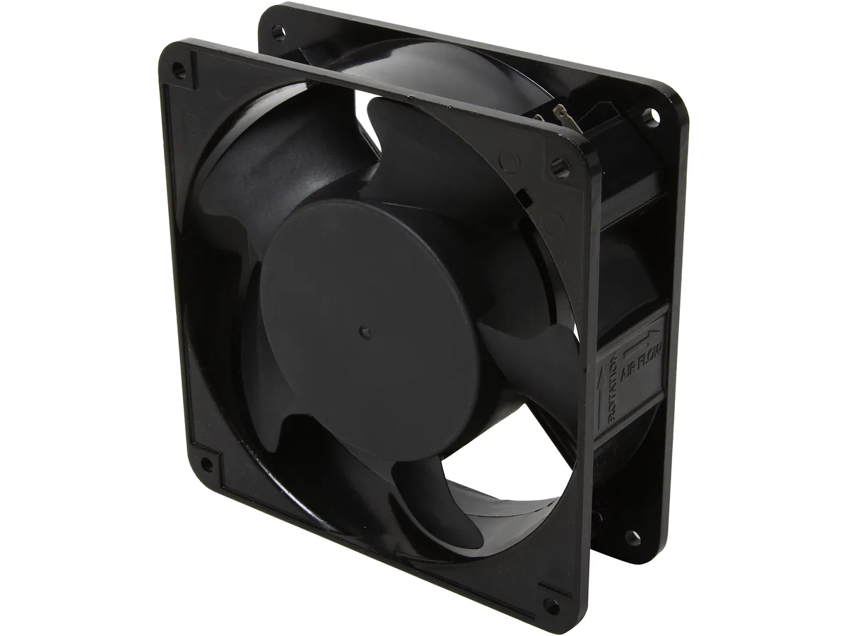 Black 12 cm AC fan kit with die-cast aluminum frame and removable 115V plug