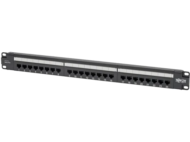 Tripp Lite Tripp Lite N052-P24 24-port Cat5e PoE+ patch panel 1U 110/Krone 568A/B RJ45 — product photo