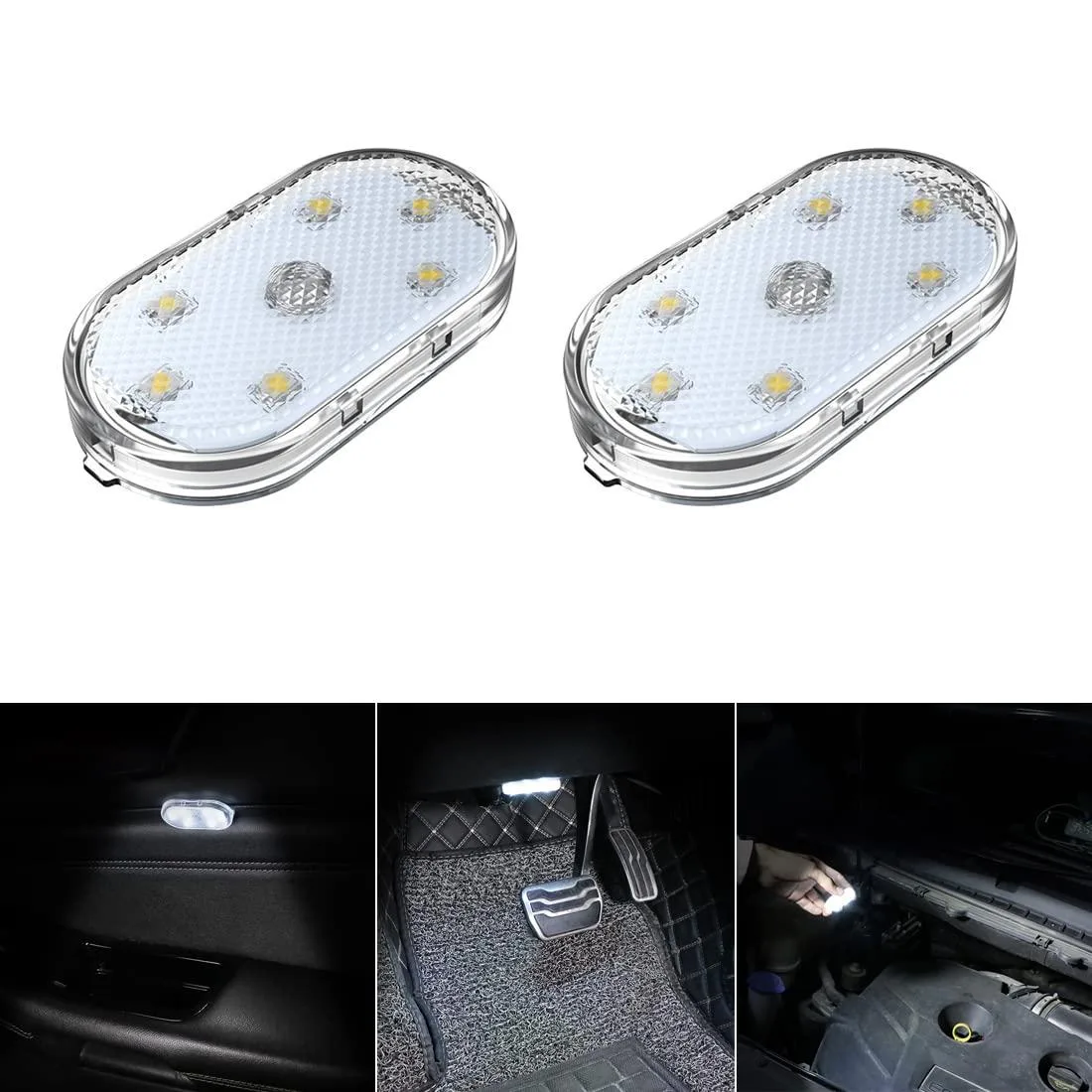 Two small white USB-rechargeable LED puck lights with transparent domes and magnetic backs