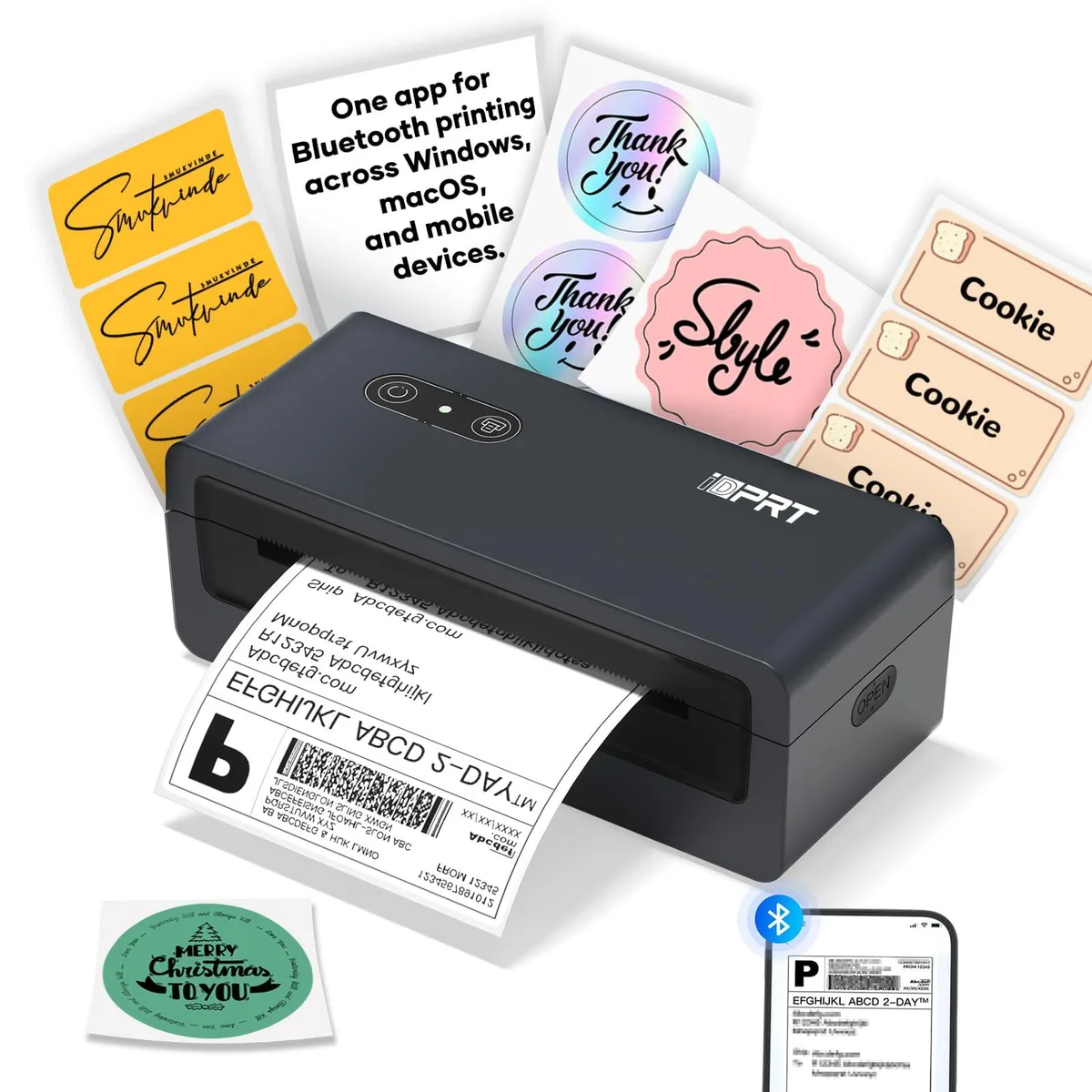 Compact white thermal label printer with Bluetooth and USB, 7.5 by 17 by 6.5 cm
