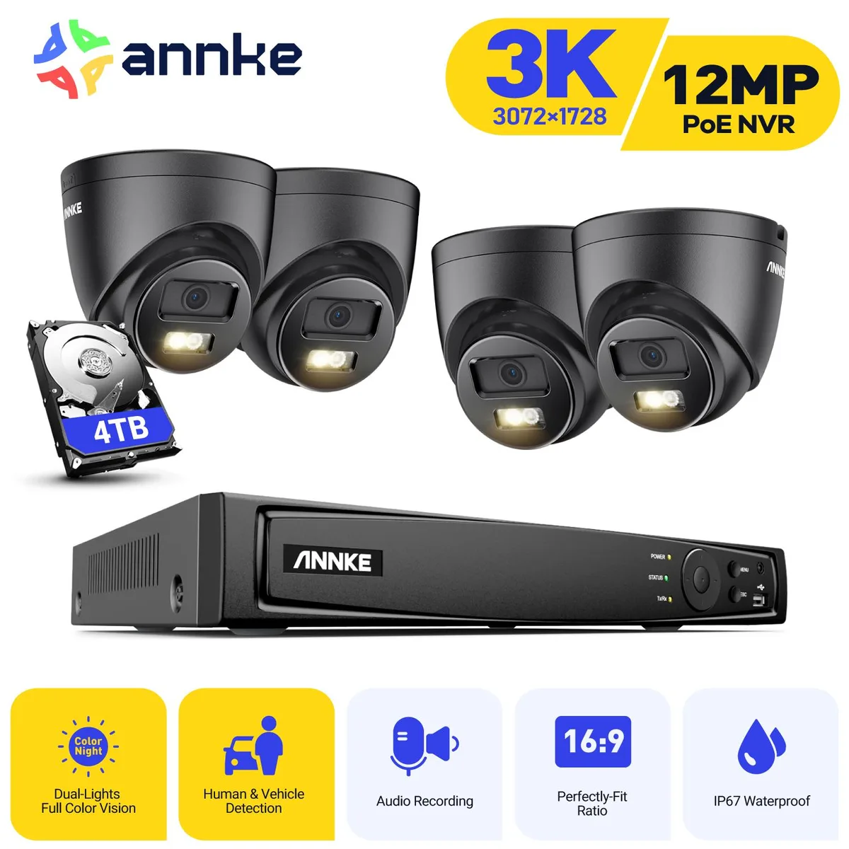 Annke Annke H.265+ 8CH PoE 12MP NVR 4 x 3K Camera 4TB HDD — product photo
