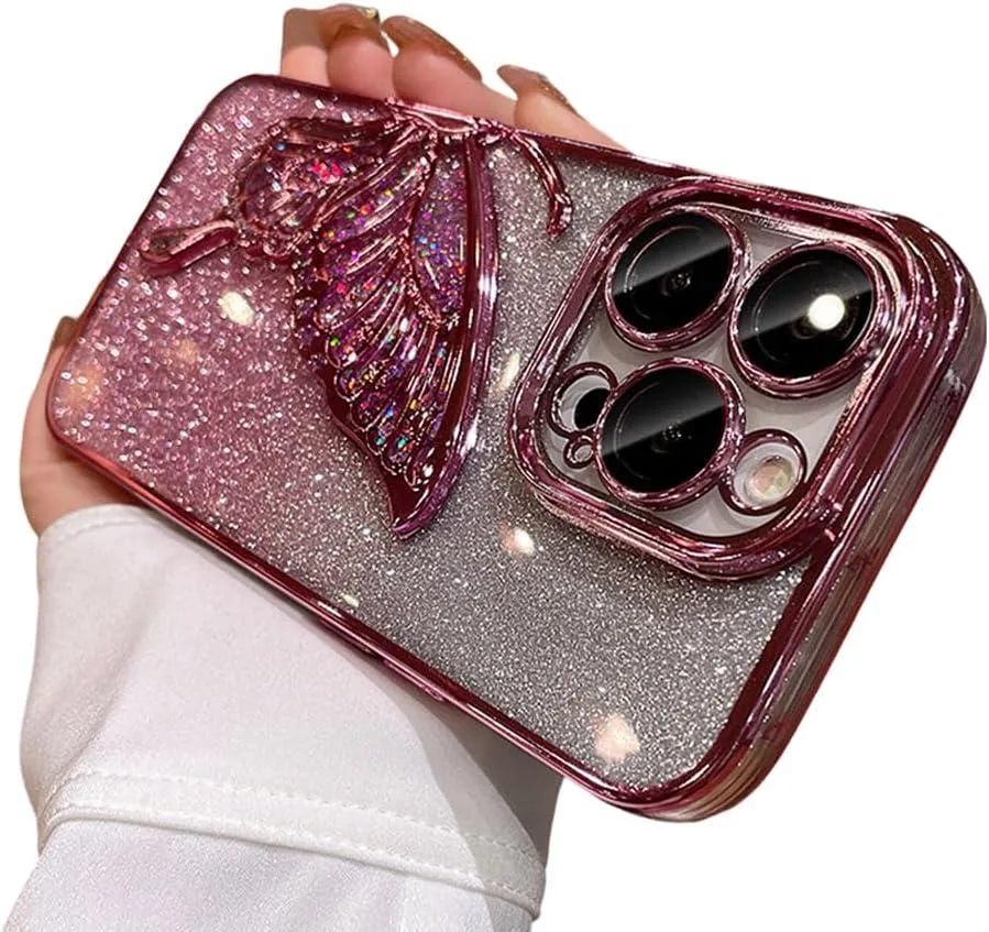 Pink iPhone 13 case with floating glitter and butterfly design