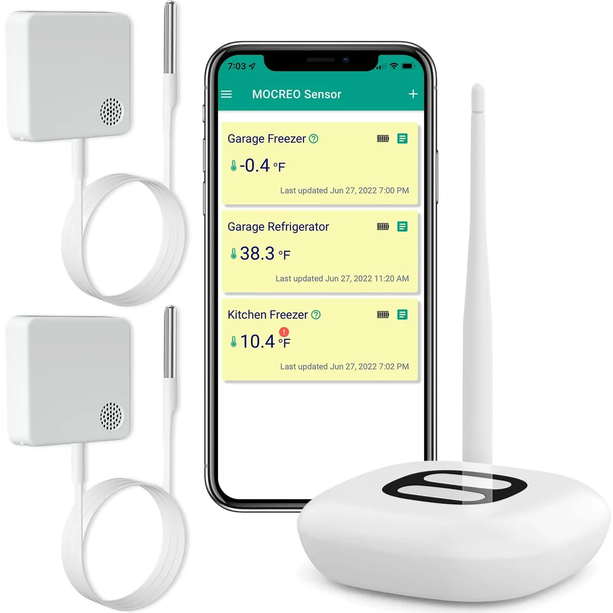 White Wi-Fi thermometer hub with two wireless sensors