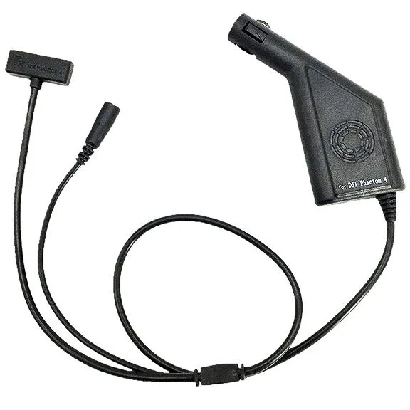 Black rectangular car charger with dual output cables for DJI Phantom 4 battery and remote