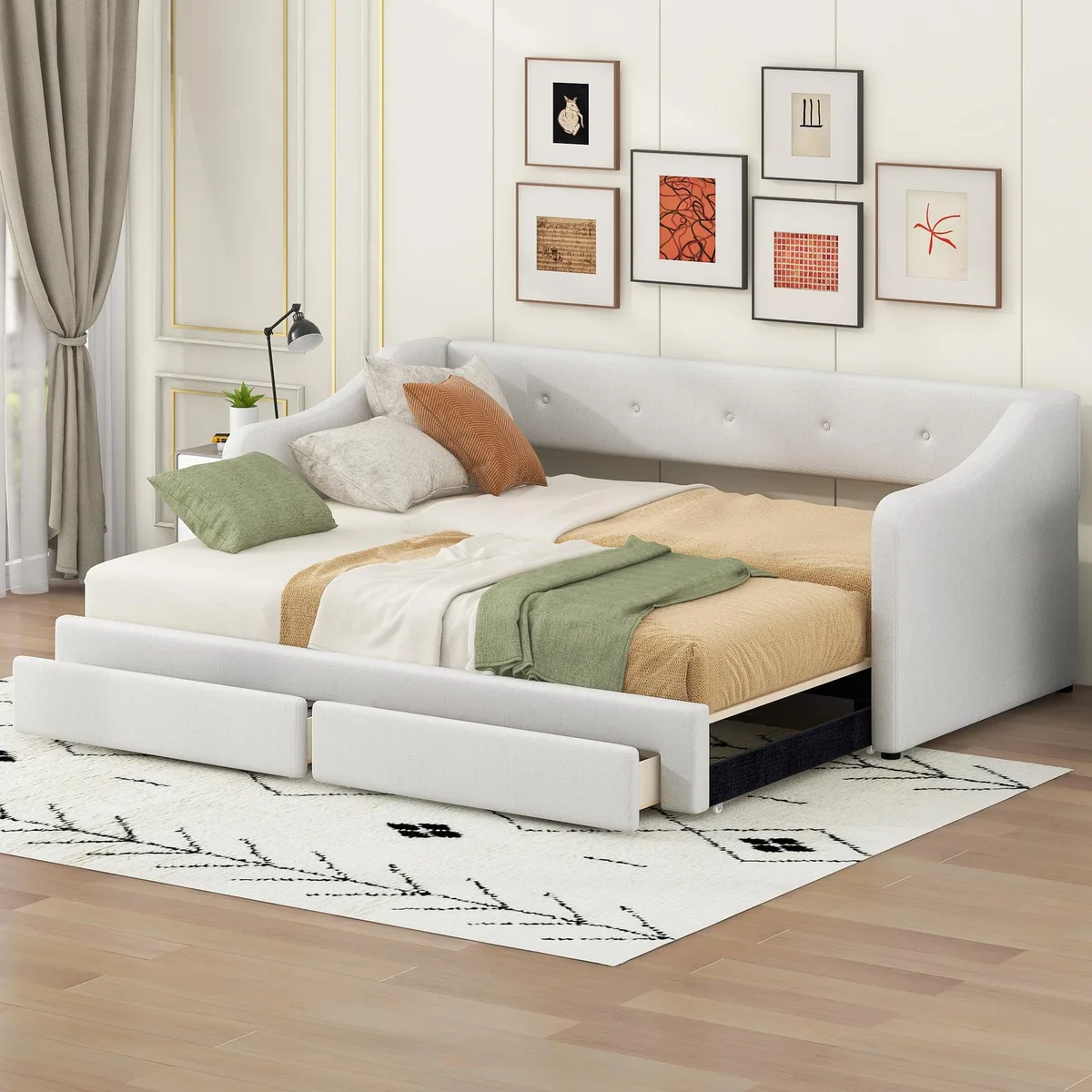 tuphen tuphen Twin XL to King Upholstered Daybed with Two Drawers, Beige — product photo
